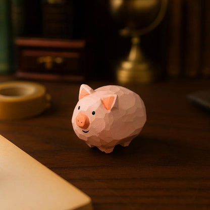 Wooden Pig Figurine for Desk and Shelf Decor