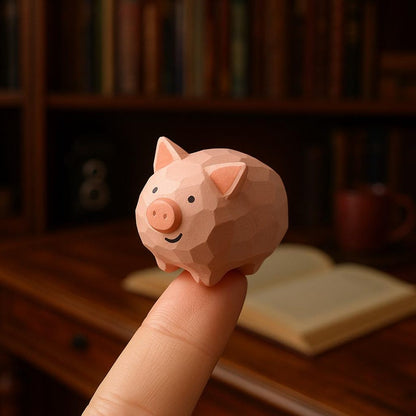 Wooden Pig Figurine for Desk and Shelf Decor